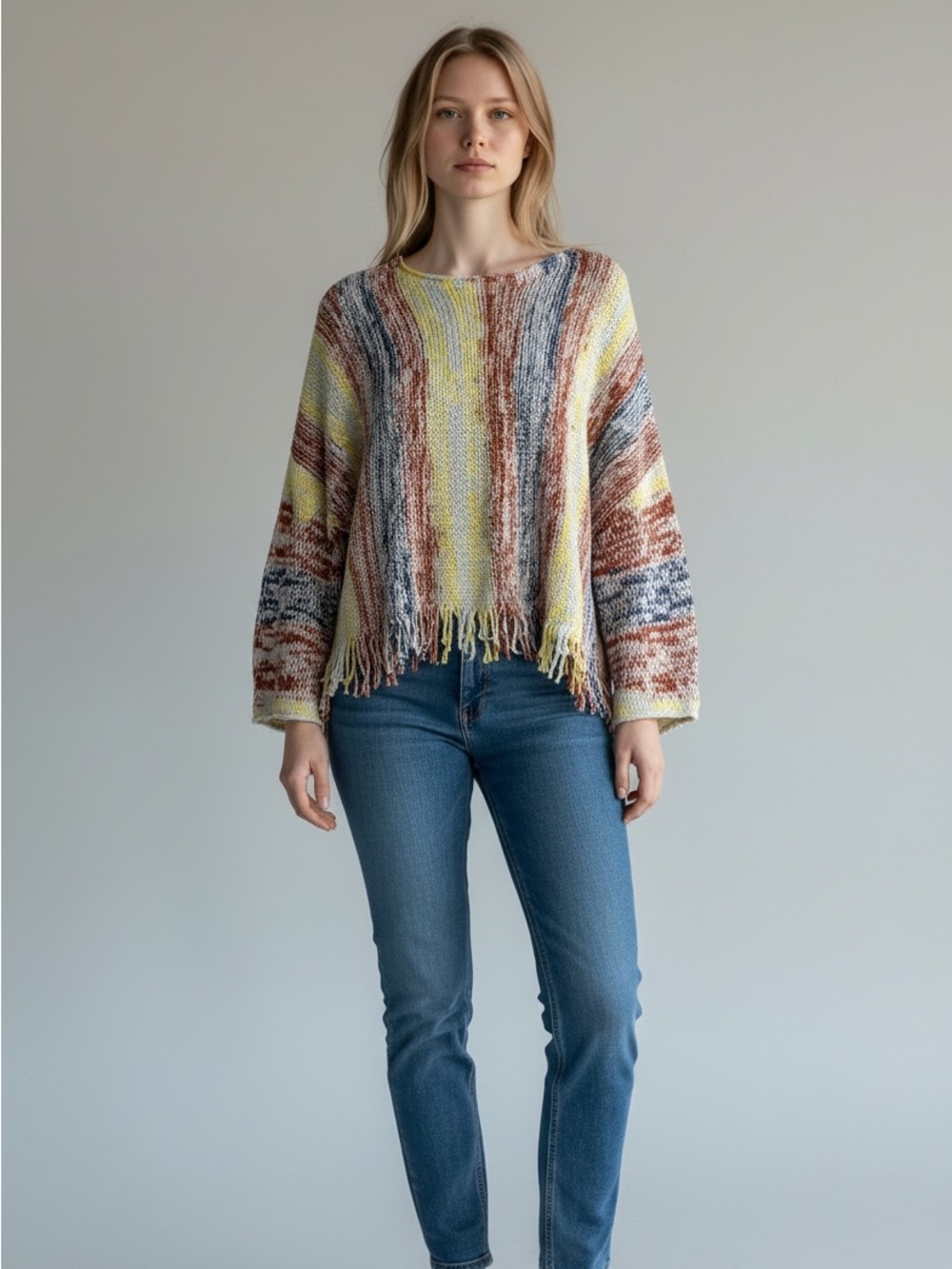 Laurie Felt Baja Sweater M/L Fringe Hem Multico Comfy Boho Autumn Oversized